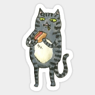 A feline enjoying a frankfurter Sticker